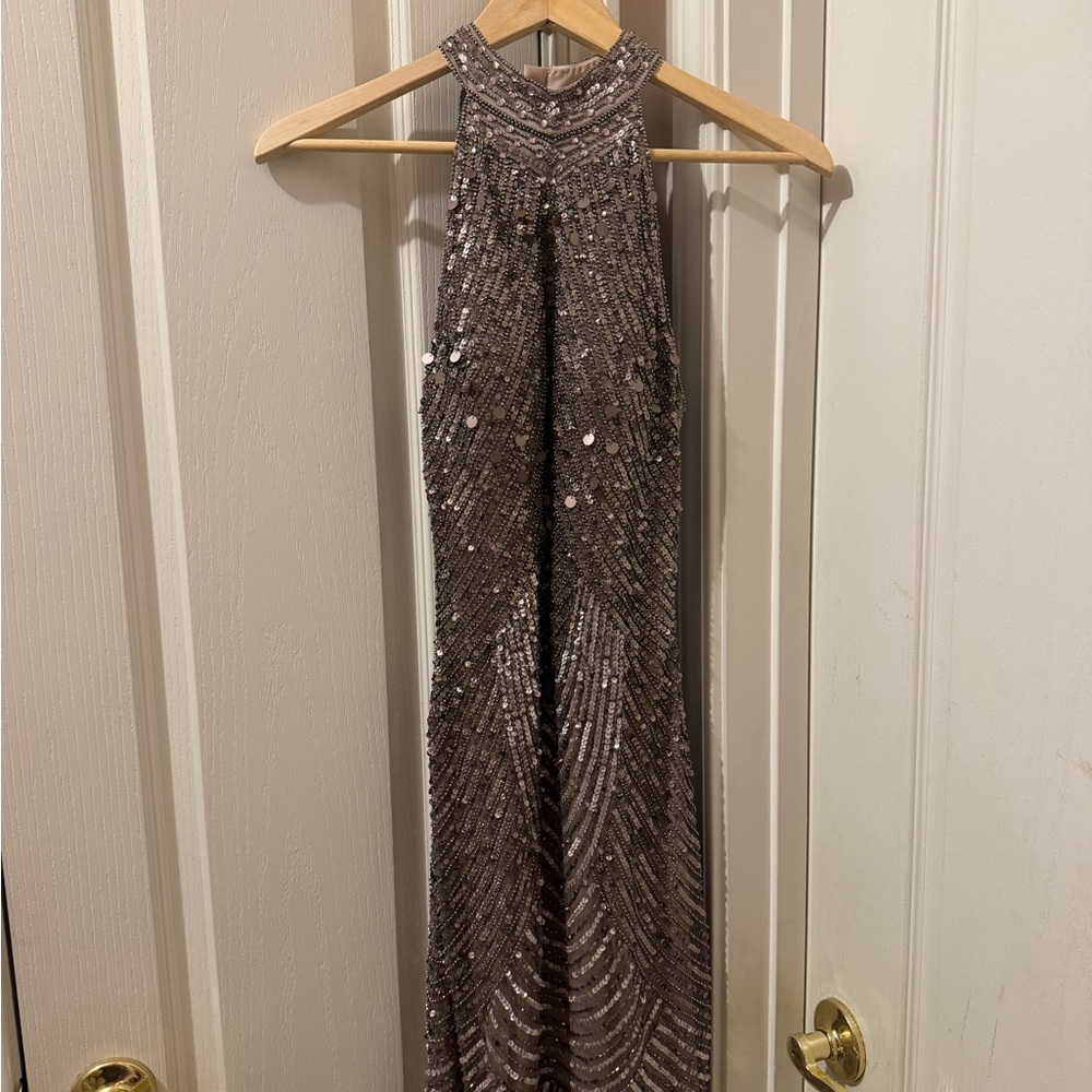 Camille La Vie Sequined Taupe Halter Evening Gown